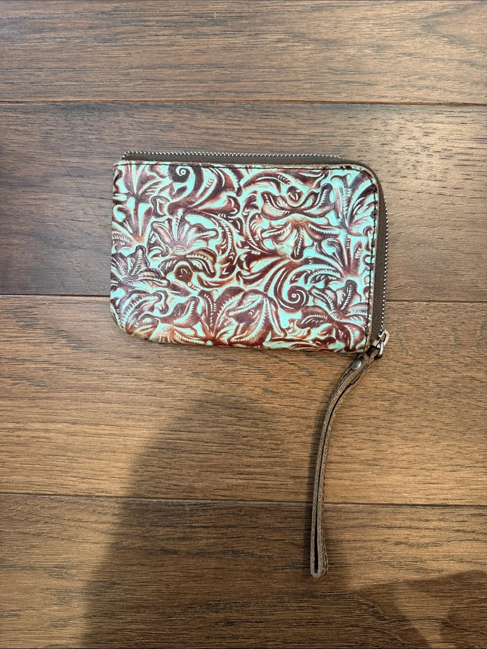 PATRICIA NASH Leather Capri Wristlet Clutch Tooled Turquoise Brown Teal C61-038